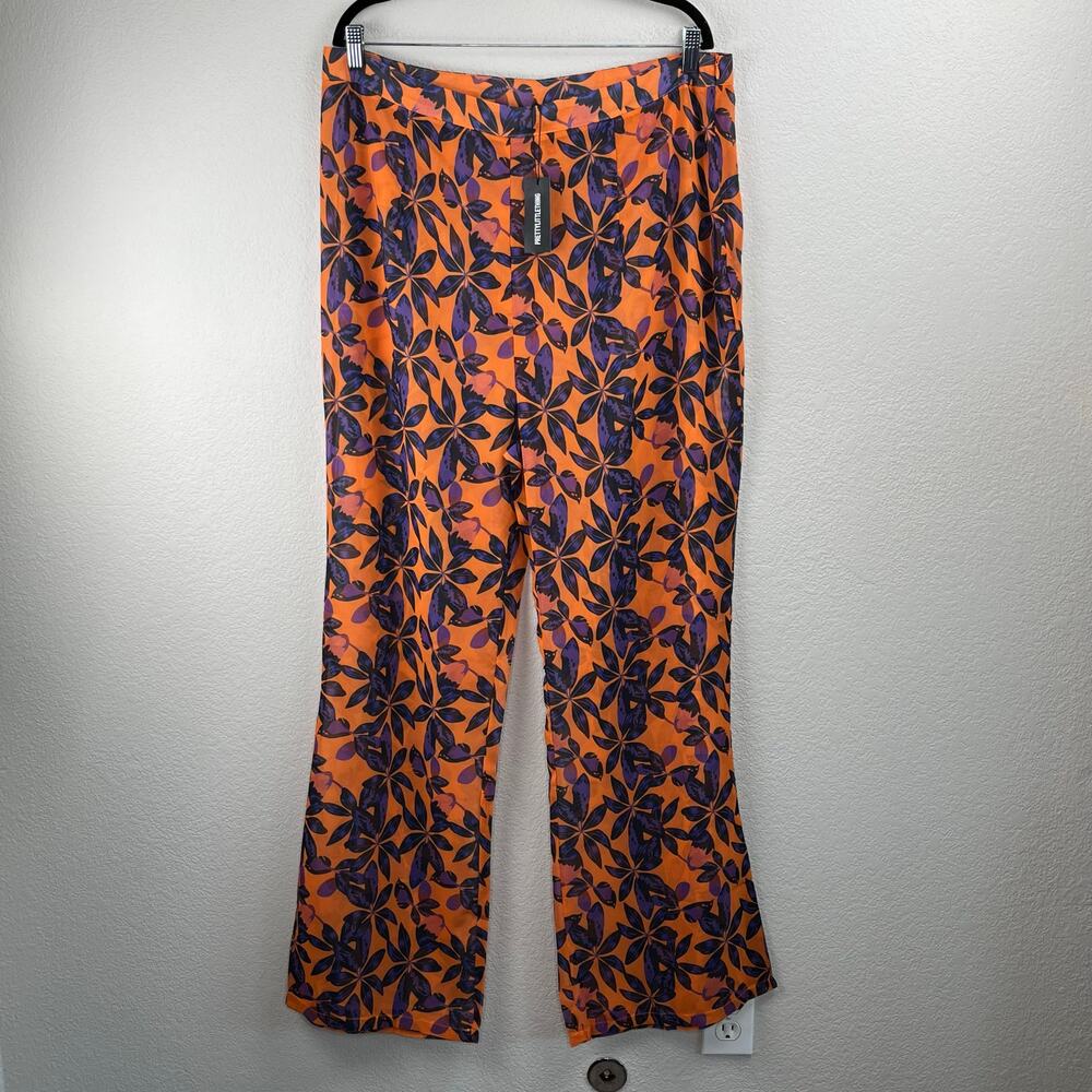 PrettyLittleThing Orange Tropical High Rise Sheer Flare Beach Pants 14  NWT - Picture 11 of 12